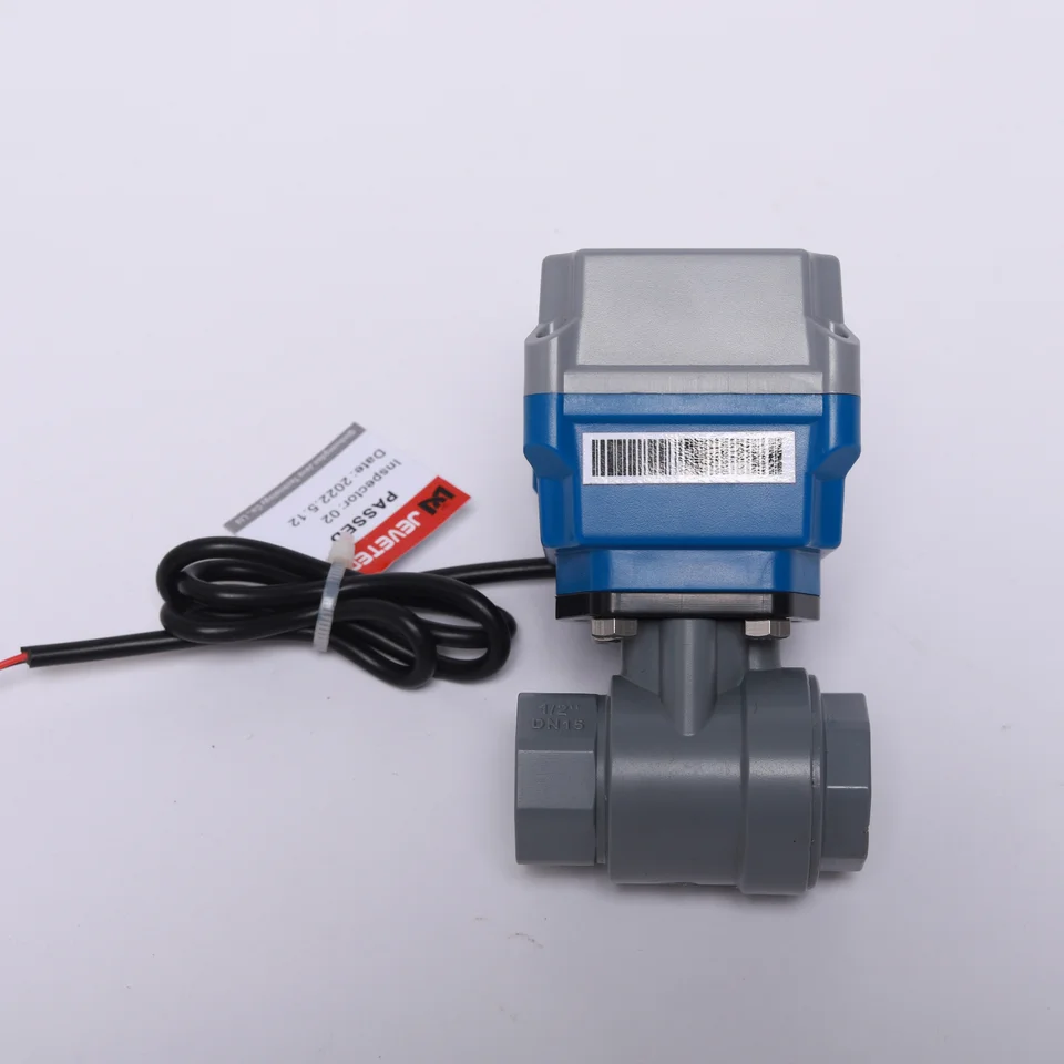 Water valve with a blue electric actuator and connection cable