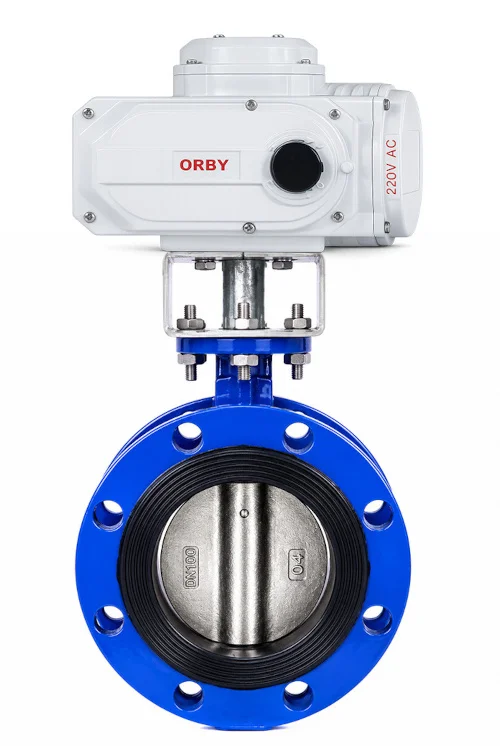 Blue butterfly valve with a white electric actuator mounted above it